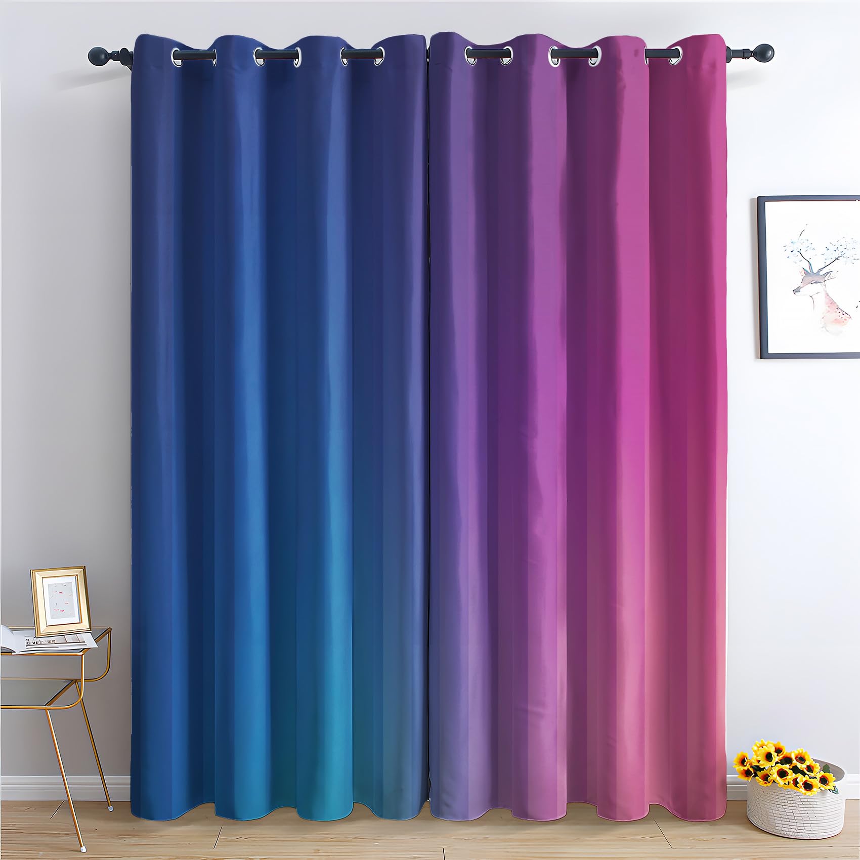 Zcwl Multicoloured Blue Purple Curtains For Bedroom Living Room, Modern Ombre Patterned Blackout Curtains, Thermal Insulated Eyelet Curtain, 54 Drop Window Treatments Drapes, 46X54 Inch (W X L), 2 Panels