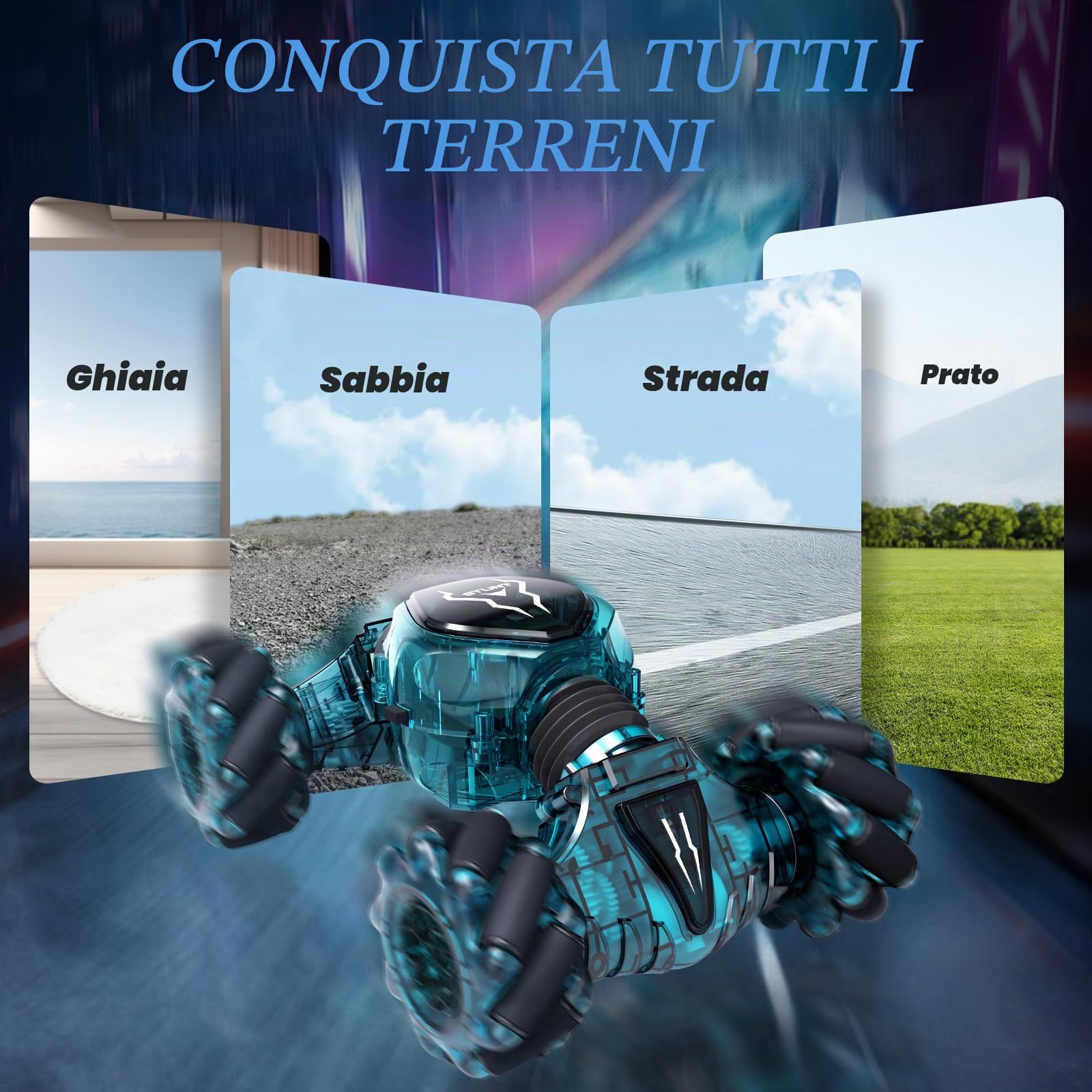 Tecnock Auto telecomandata con controllo rapido a mano, 2,4 GHz, 4 WD, rotazione a 360°, batteria ricaricabile, auto da corsa con illuminazione fredda, adatta per molti terreni, regalo per 4 – 9 +