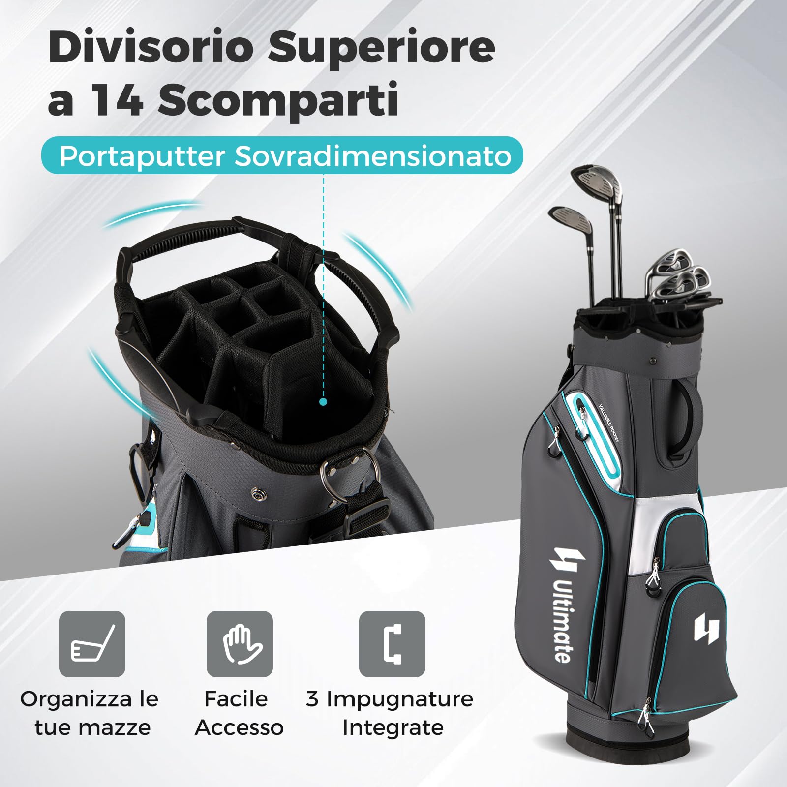 COSTWAY Borsa da Golf 14 Scomparti, Organizzatore Portatile con Tasca Frigo, Tracolla Regolabile, Cappuccio Antipioggia