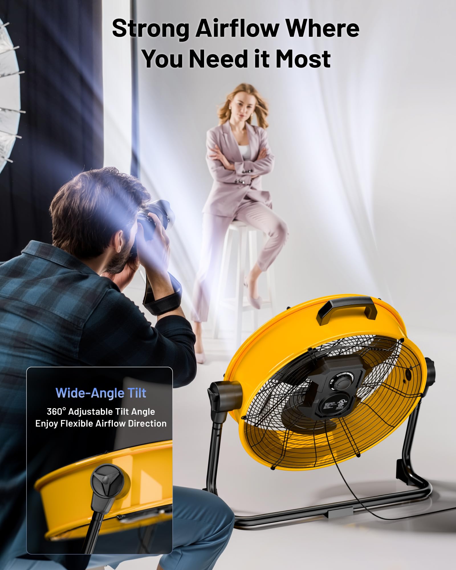 iLiving 5703 CFM - Ventilador de tambor de piso de alta velocidad con motor sin escobillas de CC, ajuste de velocidad continuo para talleres, certificación UL de seguridad, ILG8M20-50DC