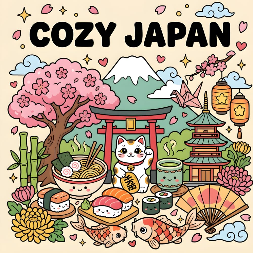 Cozy Japan: Bold & Easy Coloring Book for Adults: Simple Japanese Designs Featuring 50 Kawaii Icons for Stress Relief and Mindful Relaxation (Cozy country coloring book)