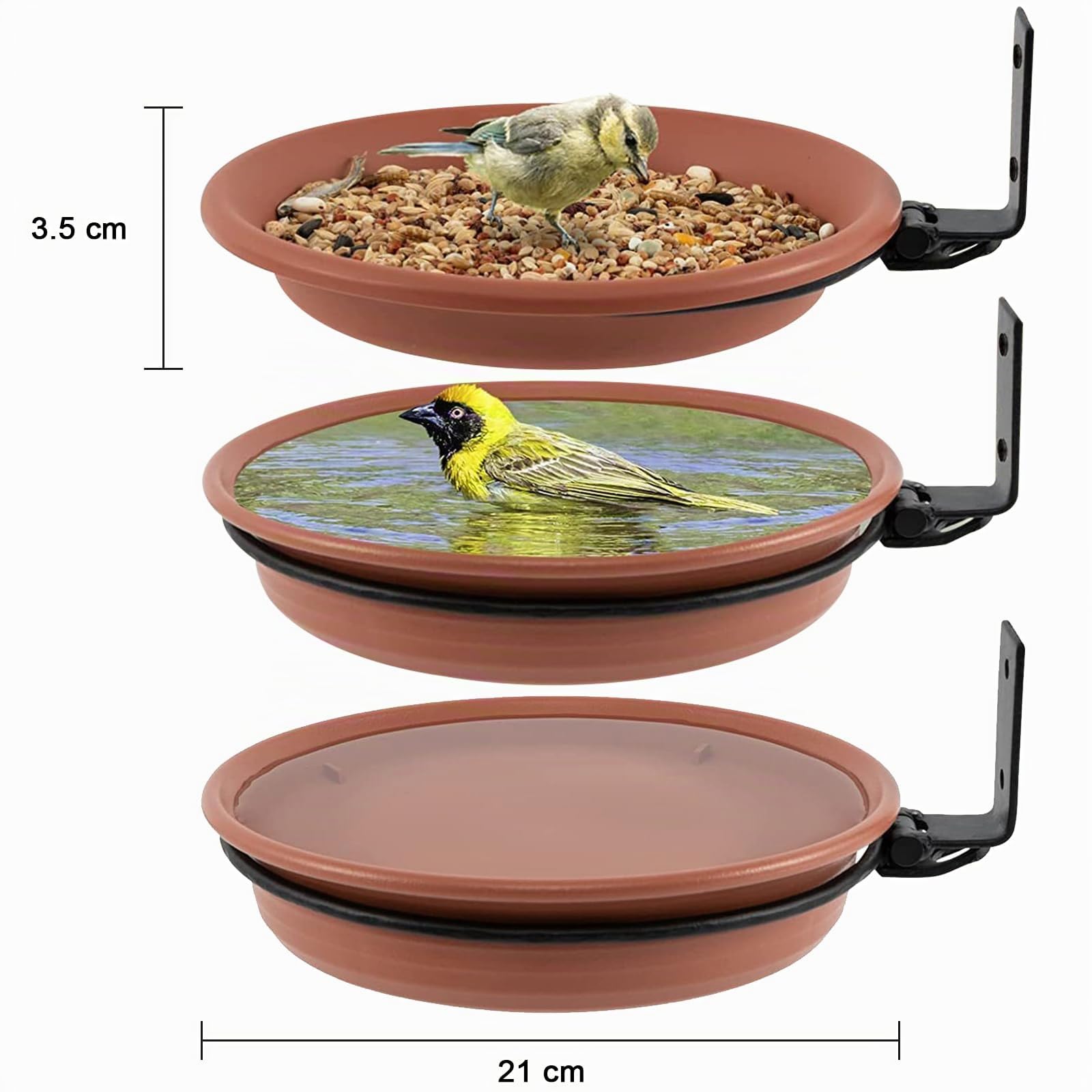 Grantop Lot de 3 mangeoires pour oiseaux et abreuvoir pour oiseaux, bain pour oiseaux, balustrade ronde avec support mural, pour attirer les oiseaux sauvages