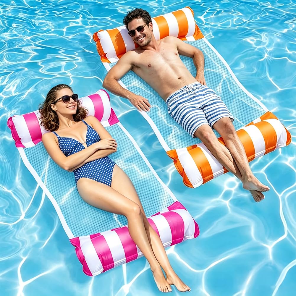 2 Pcs Pool Hammock Water Hammock for Adults, Inflatable Hammocks for Swimming Pools with Air Pump, Relaxing Pool Lounger, Pool Floats Pools Inflatables Adults (Pink & Orange) — image 1