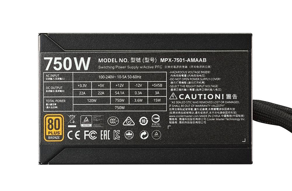 Cooler Master - MasterWatt 750 - Alimentation 550W Modulaire (Certifiée 80 Plus Bronze; Garantie 5 Ans)