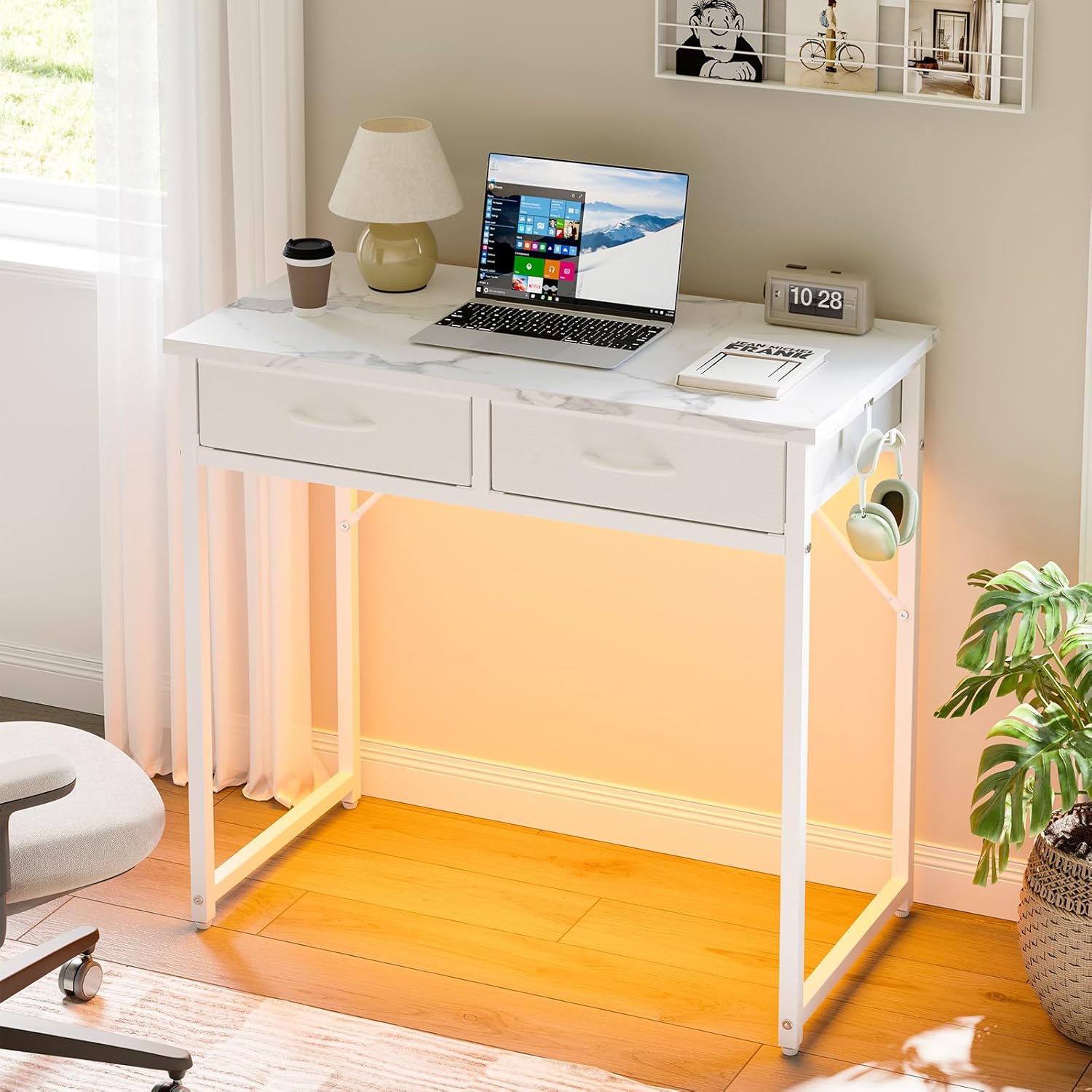 Small Desk with 2 Fabric Storage Drawers, Vanity Desk with LED Light, Home Office Computer Desk for Bedroom Small Spaces, Adjustable Feet, White