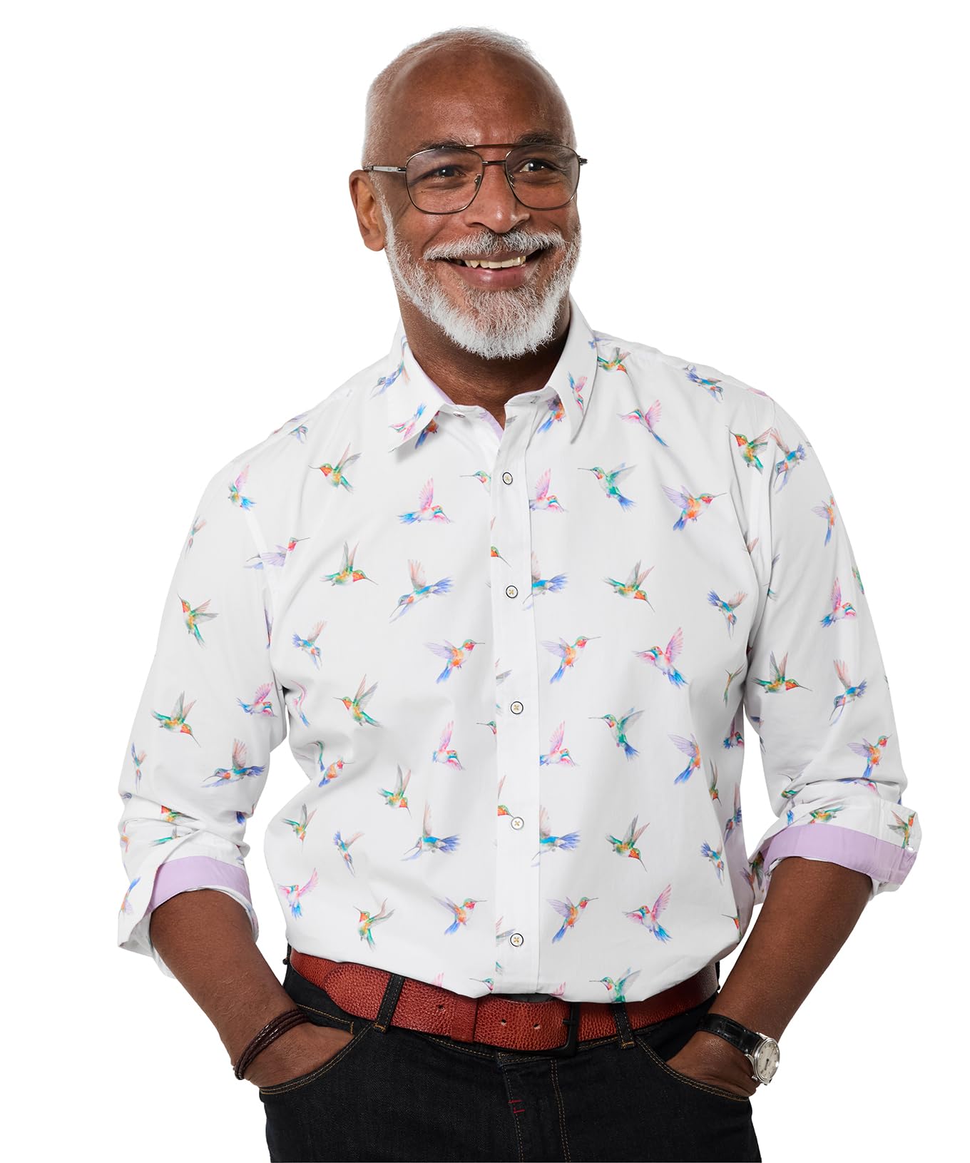 Joe Browns Summer Days Bird Print Long Sleeve Shirt, White, Size M, Men
