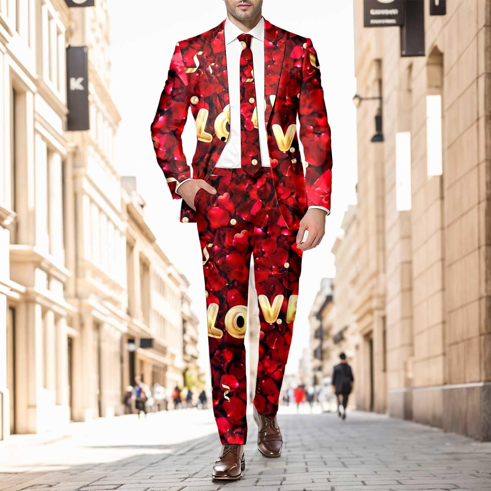 Costume pour homme avec motif cœur, blazer à manches longues + pantalon, 2 pièces, costume formel, coupe ajustée, veste de costume et pantalon de costume, tenue de Saint-Valentin, tenue