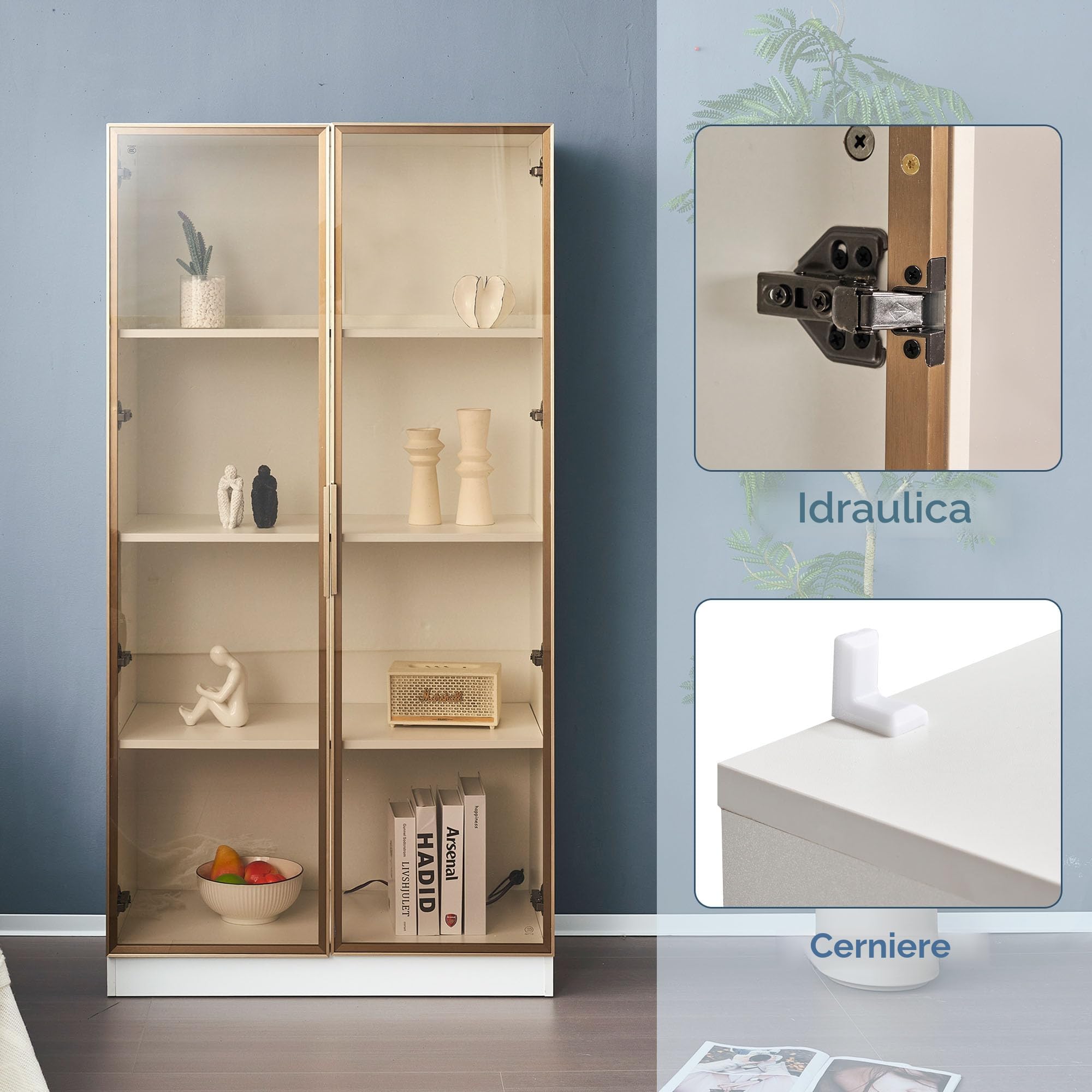 KAZZIO Vetrina in vetro bianco con illuminazione a LED a 16 colori, a doppia porta con ripiani mobili, 80 x 40 x 160 cm, mobile alto per soggiorno, vetrina, (bianco)