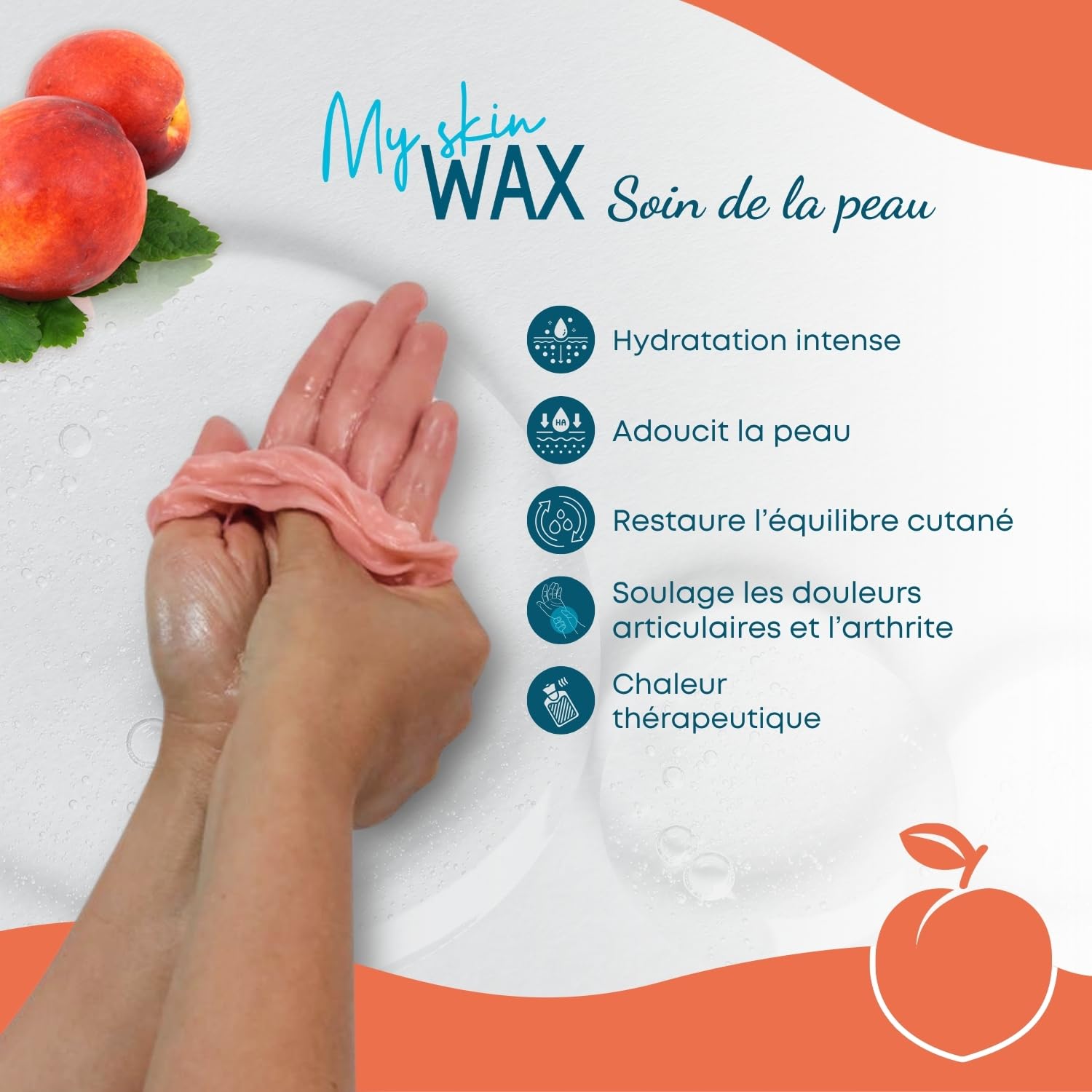 Cire de paraffine Maxi Pack, 6 blocs de 400 g (2,4 kg), parfum pèche, hydratante sans effet gras, idéale pour bains mains et pieds, soulagement arthrite, pédicure