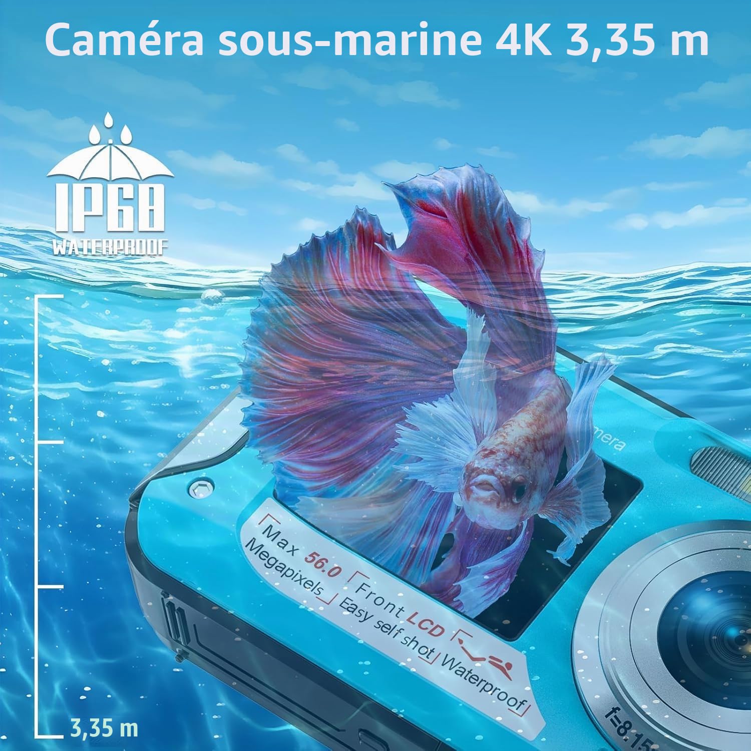 Caméra sous-marine UHD 4K 56 MP Autofocus Appareil photo numérique étanche avec une carte de 32 Go Selfie Double écran Caméra étanche pour la plongée en apnée