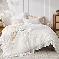 JOLLYVOGUE Ruffle Seersucker Queen Comforter Set, 3-Piece White All-Season Soft Bedding with Shams - Shabby Chic for Women