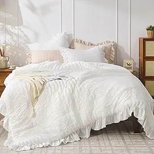 JOLLYVOGUE White Comforter Full Size, 3 Pieces Seersucker Lightweight Full Size Bedding, All Season Fluffy Microfiber Bedding Comforter Set with 1 Ruffle Comforter and 2 Ruffle Pillowshams