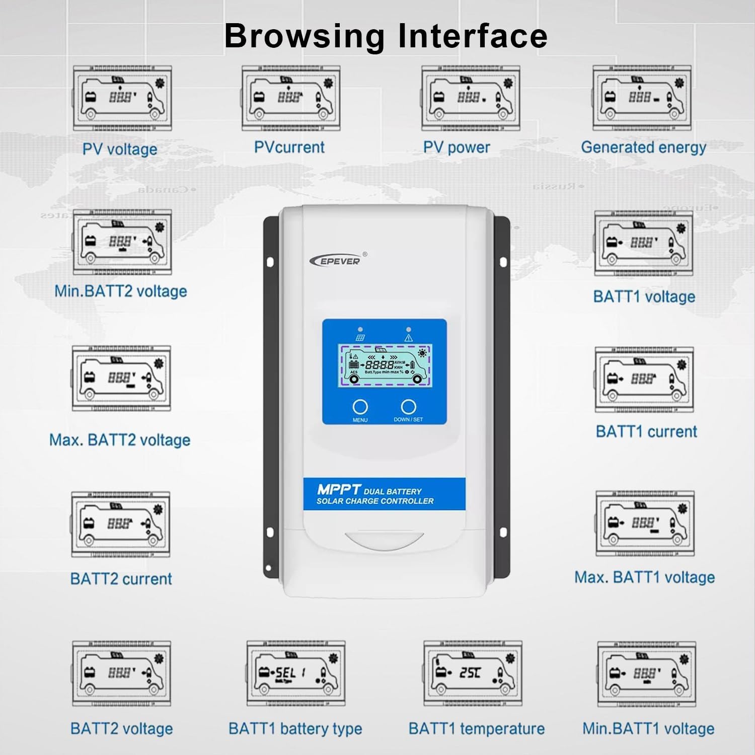 SolaMr 30A Dual Battery Regulateur de Charge Solaire MPPT, 12V / 24V Régulateur Mppt Automatique avec écran LCD pour Remorque Bateau de Camping pour Scellé, Gel, Submergé, Lithium Batterie - DR3210N