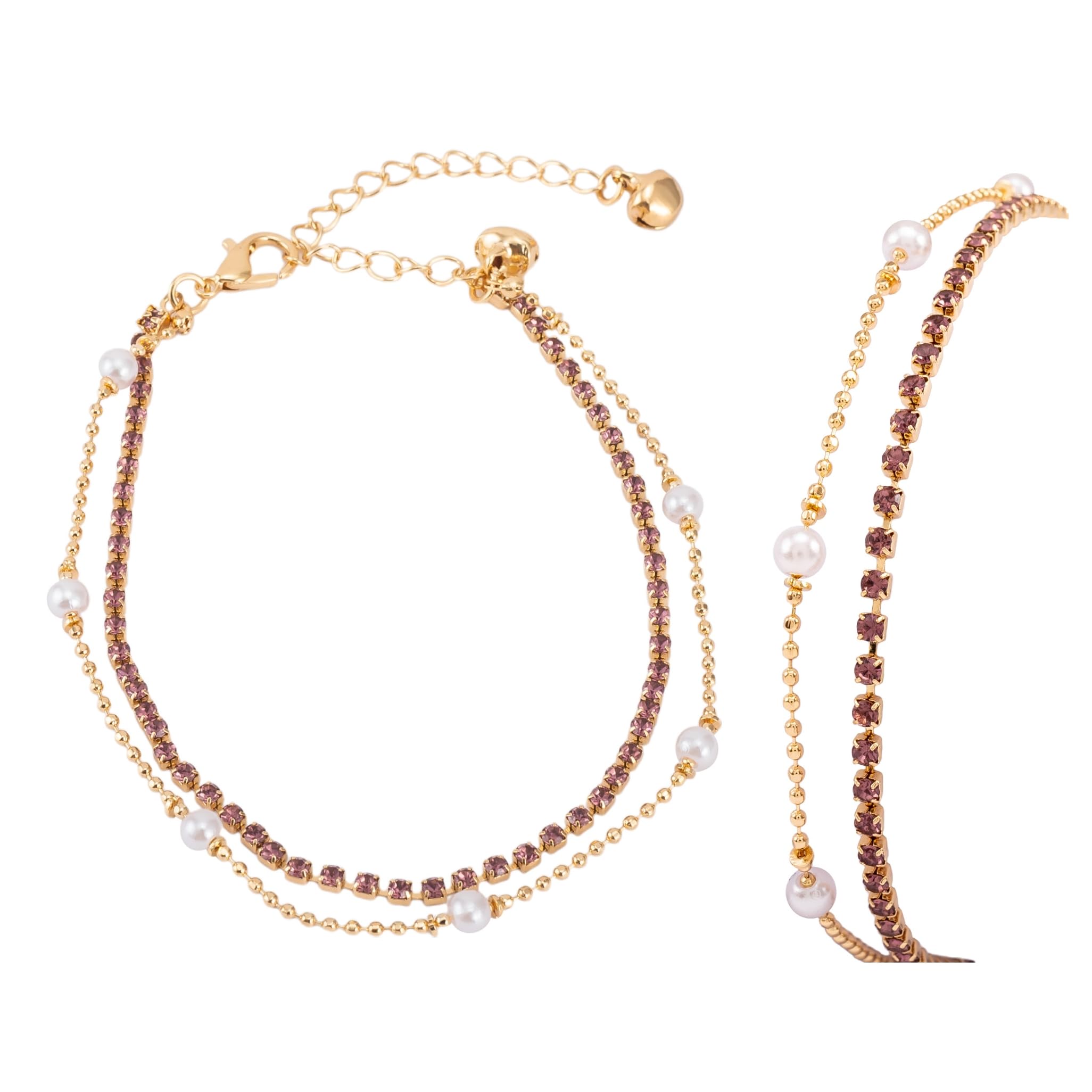 Gold Tone Brass 2-Piece Jewelry Set for Women | Double Layer Pink Crystal & Pearl Bracelet with Matching Anklet Combo | Adjustable Lightweight Party Jewelry | Dainty Artificial Stone Accessories for Girls | Waterproof Hypoallergenic Adjustable Jewelry for Wedding-image-29