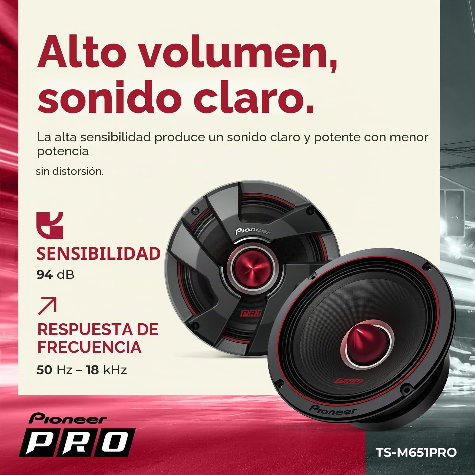 Pioneer TS-M651PRO P.R.O. Series 6-3/10.2 cm 500 W Potencia máxima, Cono de Pulpa Mezclado, Controlador de Graves Medios de Alta eficiencia - Altavoz componente Serie Pro (par)