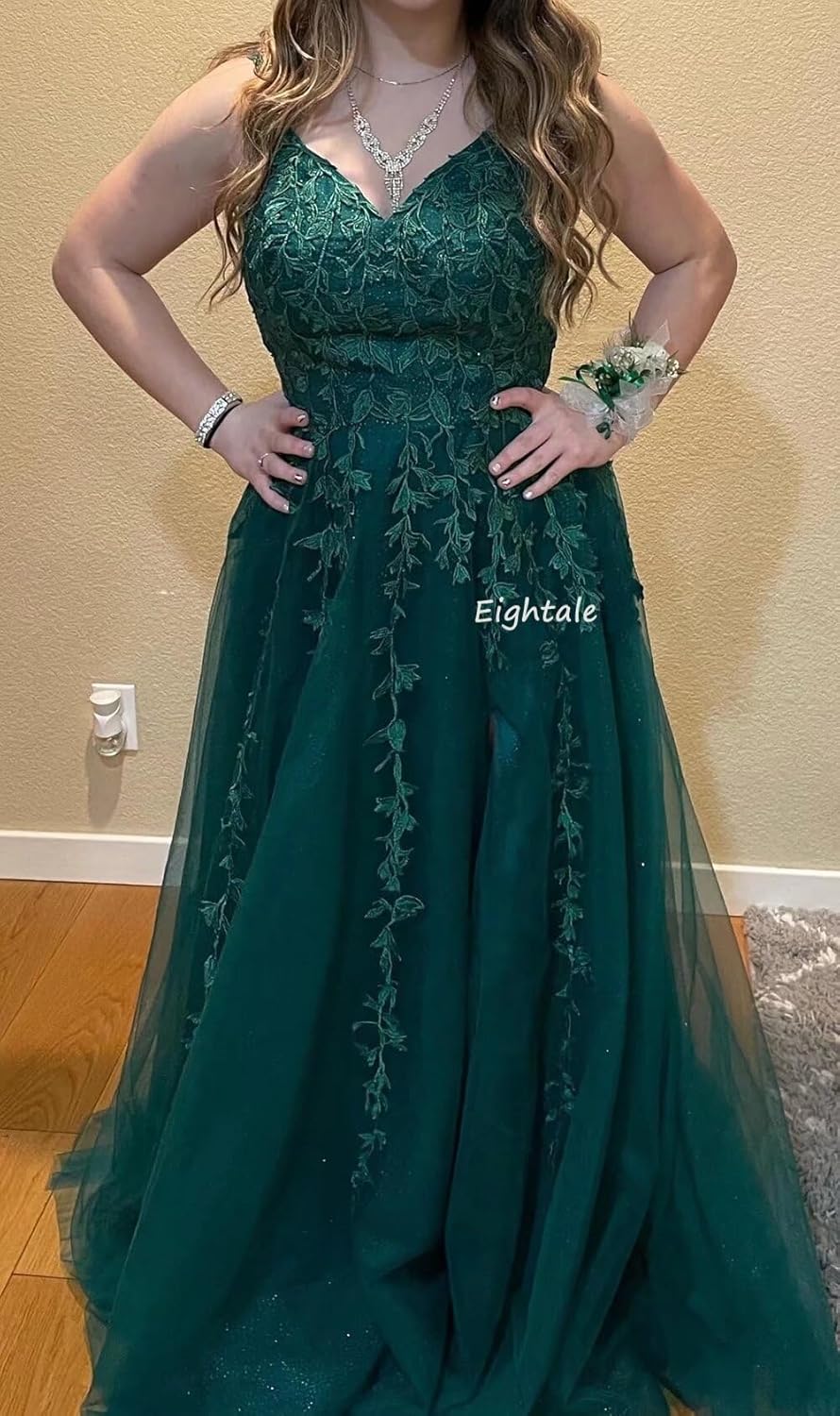 Eightale Tulle Lace Appliques Sparkly Prom Dresses A Line with Slit V Neck Formal Party Dress