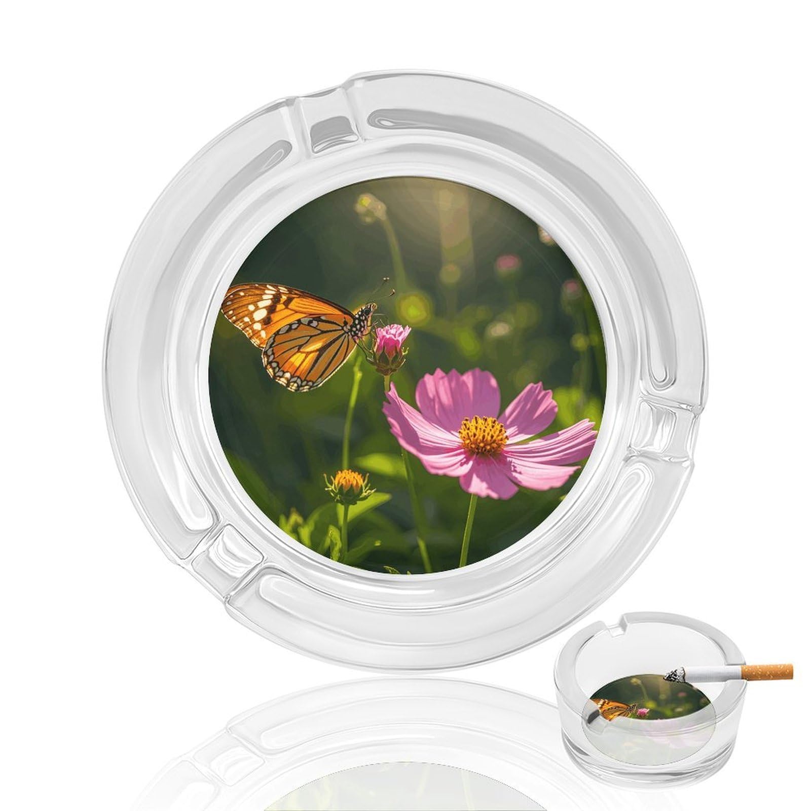 Cendrier sans fumée en verre decor fleurs et papillons pour maison et bureau
