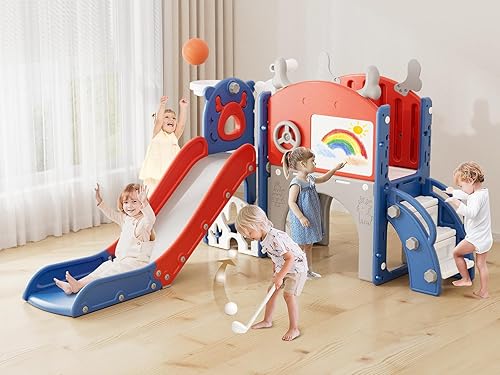 XJD Tobogán infantil 12 en 1 para niños pequeños de 1 a 3 años, nueva actualización con juego de golf, aro de baloncesto, tabla de dibujo para Rojo