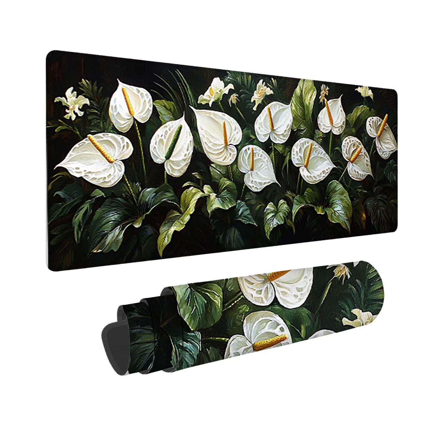 Podkładka pod mysz do gier XXL duża mysz 1200 x 500 mm, duża podkładka pod biurko z antypoślizgową gumową podstawą dla graczy, poprawia precyzję i szybkość (białe kwiaty) o-25