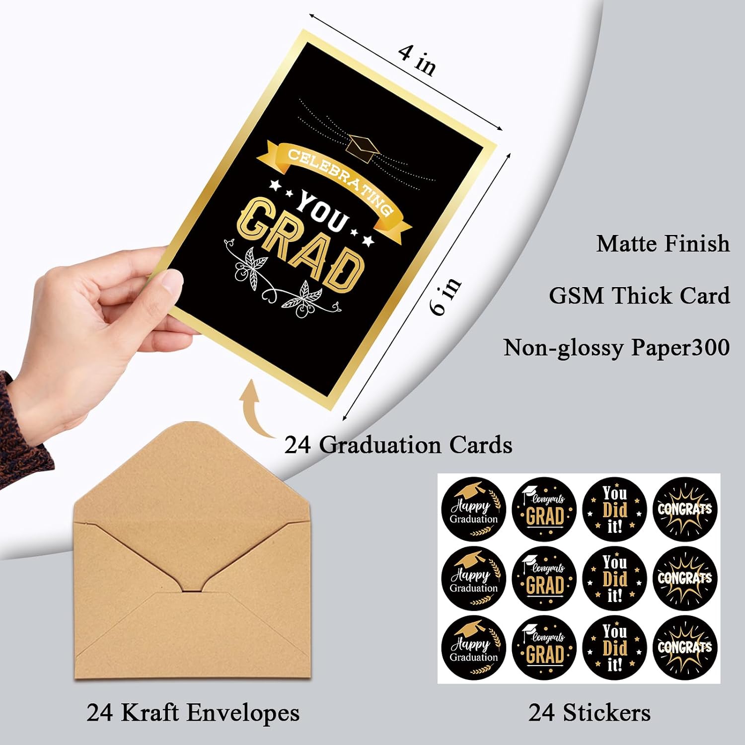 Supoeguk Classic Graduation Cards Set, Black Gold Congratulations Grad Cards Pack with Envelopes, Assorted Graduation Cards for College High School(24 Cards with envelopes, 4 Designs)