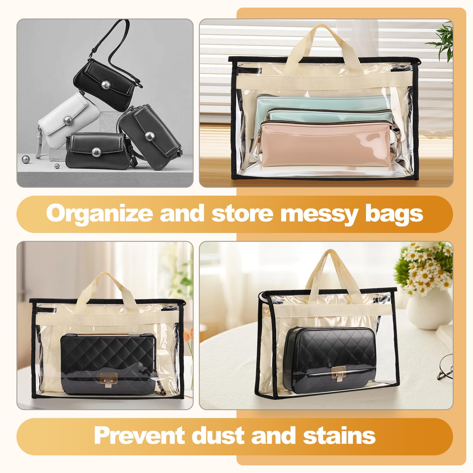 Paquete de 5 bolsas de polvo para bolsos, bolsas de polvo con cremallera y asa, bolsa de almacenamiento transparente antipolvo para colgar en el armario (grande)