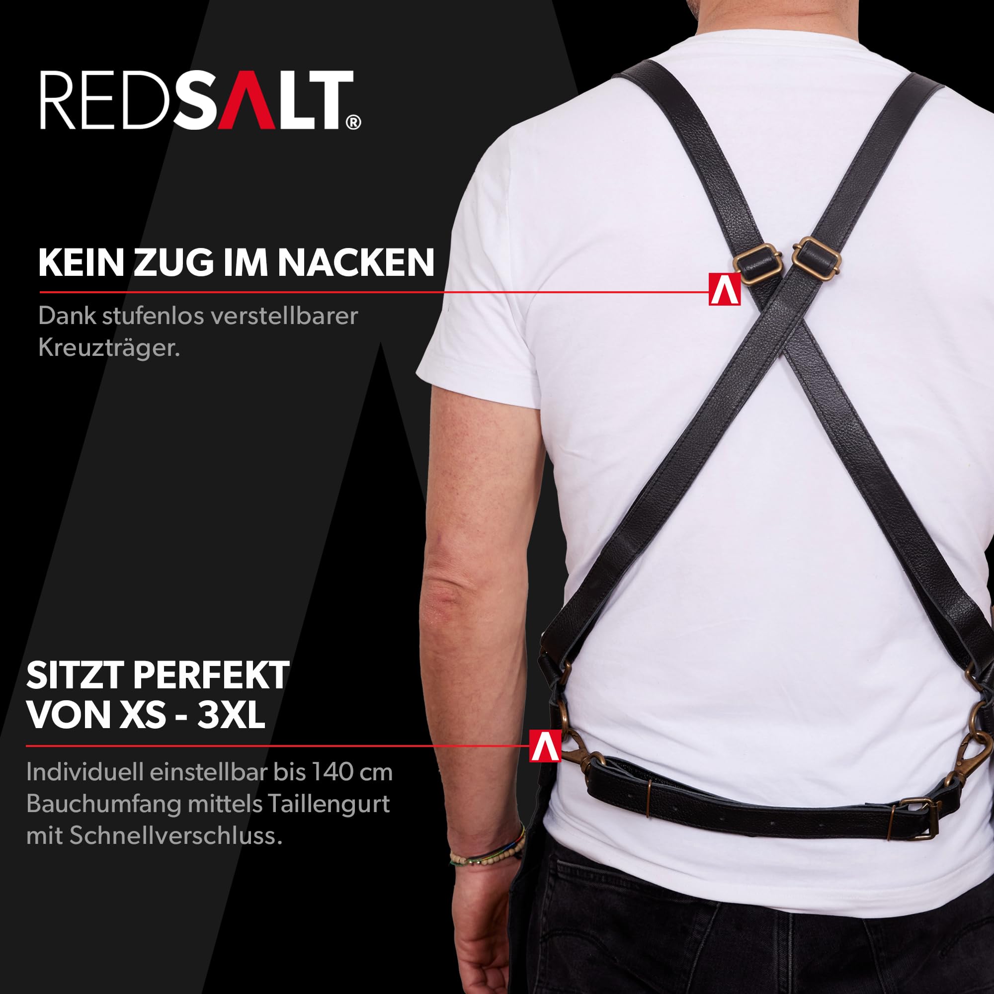 REDSALT® Fartuch skórzany klasy premium, 100% skóra bydlęca, 84 x 62 cm, crossback, profesjonalny fartuch do grillowania, fartuch roboczy, kuchnia, gastronomia, bar, barista | fartuch kuchenny,