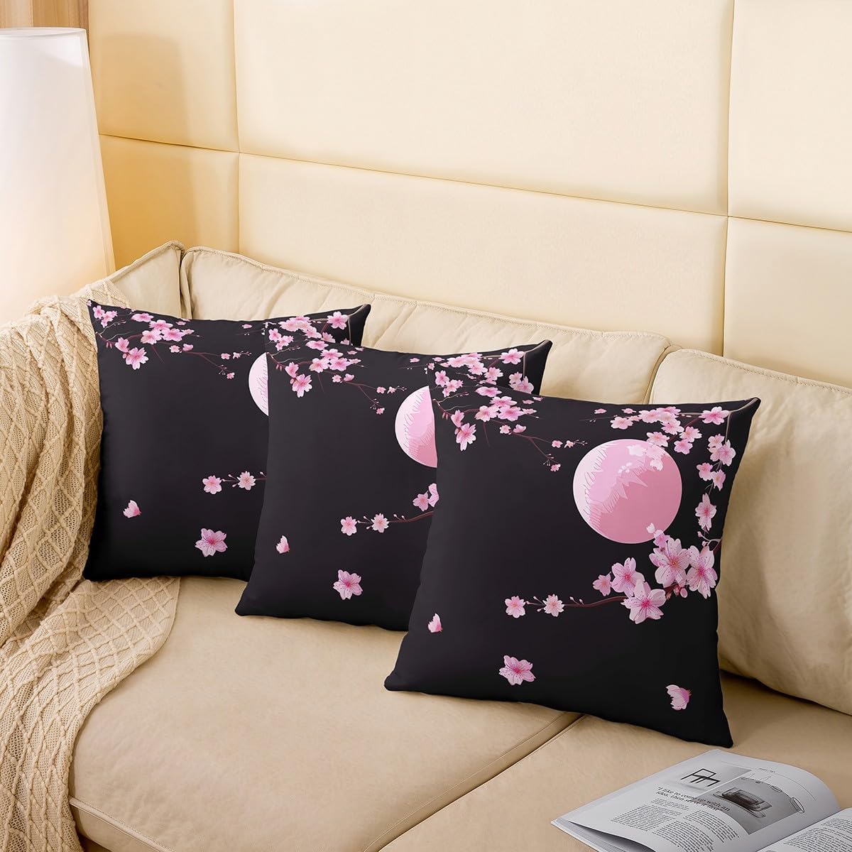 Cherry Blossoms Throw Pillow Covers Soft Square 22"x22" Japanese Style Cushion Case Home Decor Set of 2 Sakura Flower Moon Pink Pillow Cases Pillowcases for Couch Sofa Living Room Bedroom Bed Chair