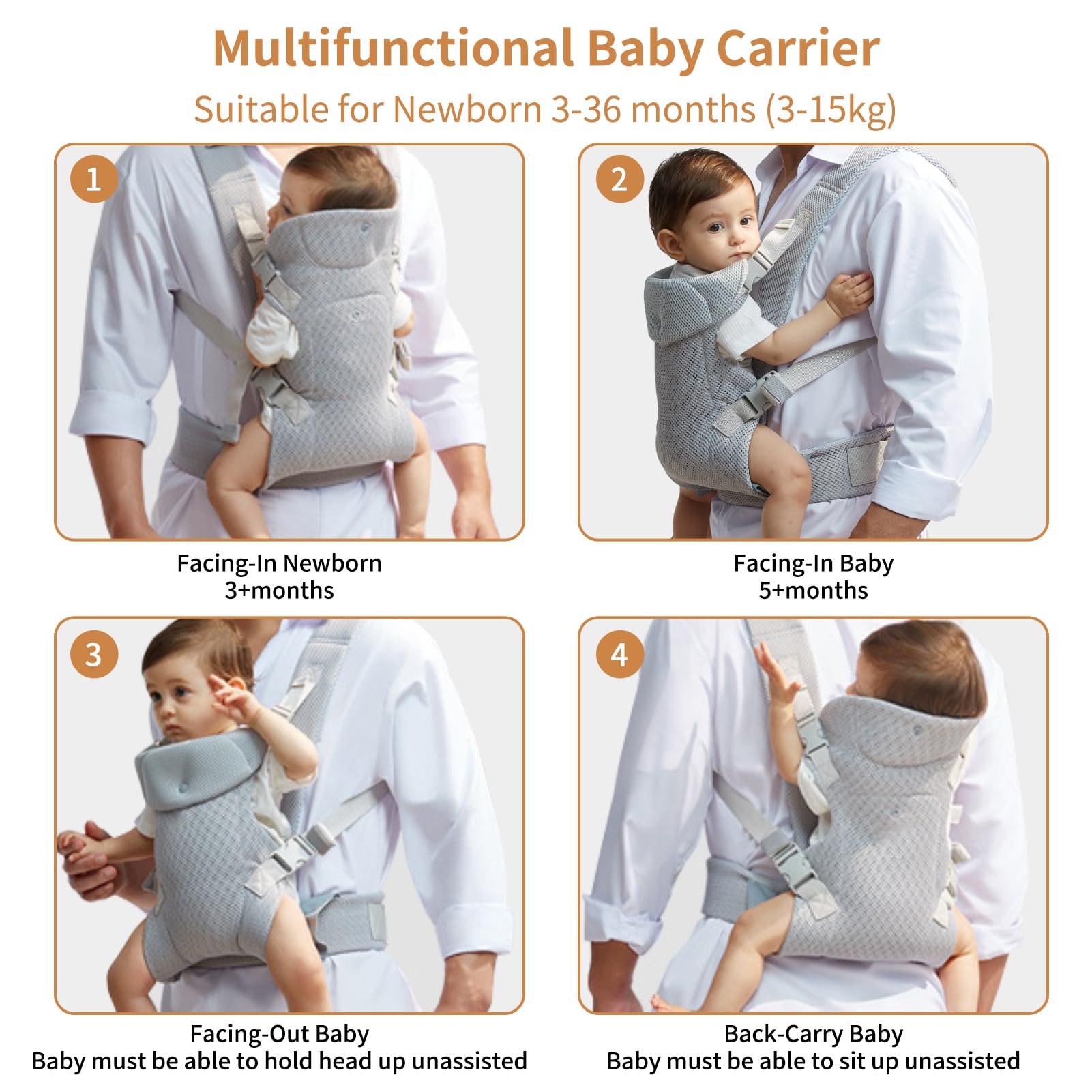 IULONEE Marsupio per Neonati Regolabile Fascia Porta Bebe Ergonomico Baby Carrier Wrap Traspirante Portabebè per Neonato Bambino Front Back Carry per Bebè 3-36 Mesi (Grigio chiaro)