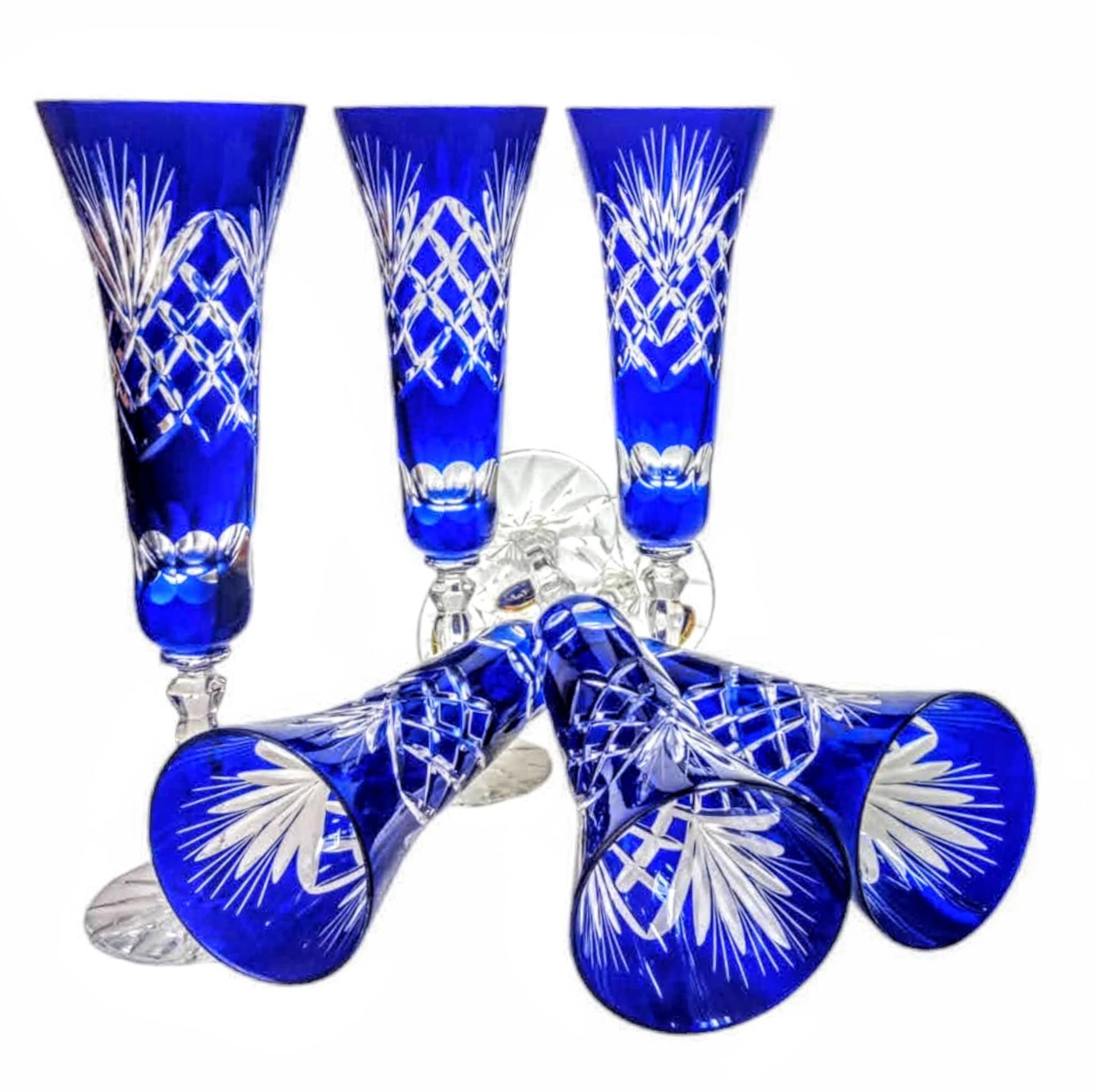 MaRika Lot de 6 flûtes à champagne en cristal bleu cobalt - 170 ml - Fabriqué à la main - Design élégant pour les amateurs de champagne - Cadeau de qualité supérieure pour les occasions spéciales