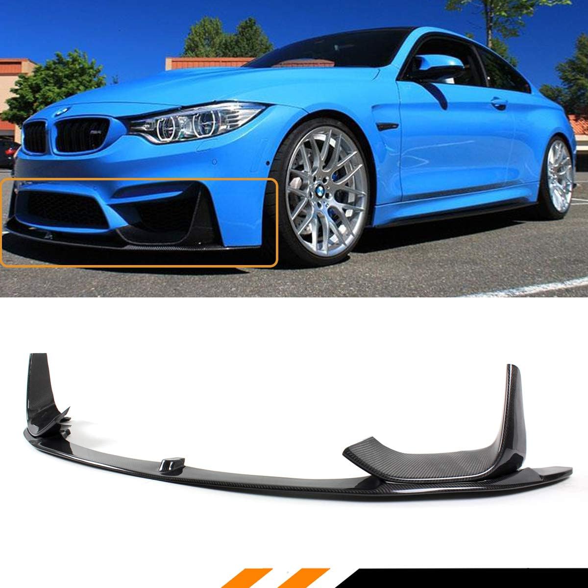 Performance Style Carbon Fiber Front Bumper Lip + 2 Pc Splitters Set Compatible for 2015-2019 BMW F80 M3 F82 F83 M4