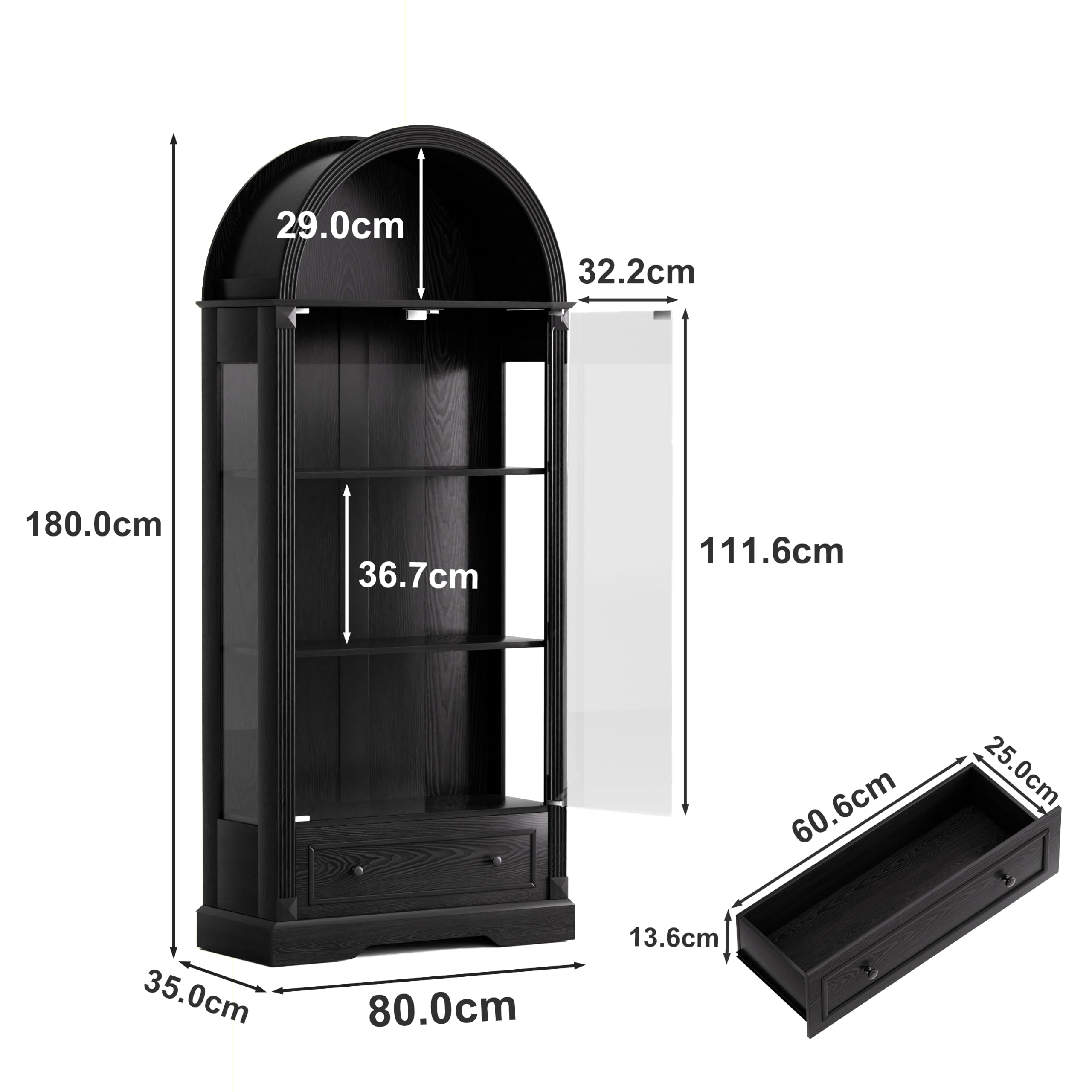Vitrine mit Bogenform 180 cm mit Glastüren und LED-Beleuchtung schwarz