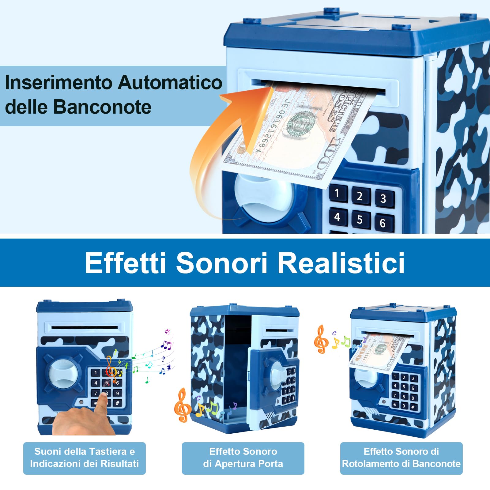 Pup Go Salvadanaio Elettronico ATM per Bambini 3-12 Anni, Regalo Natale per Ragazzi, Cassaforte con Codice per Monete & Banconote, BancoMat Giocattolo con Ricevuta Automatica (Blu)