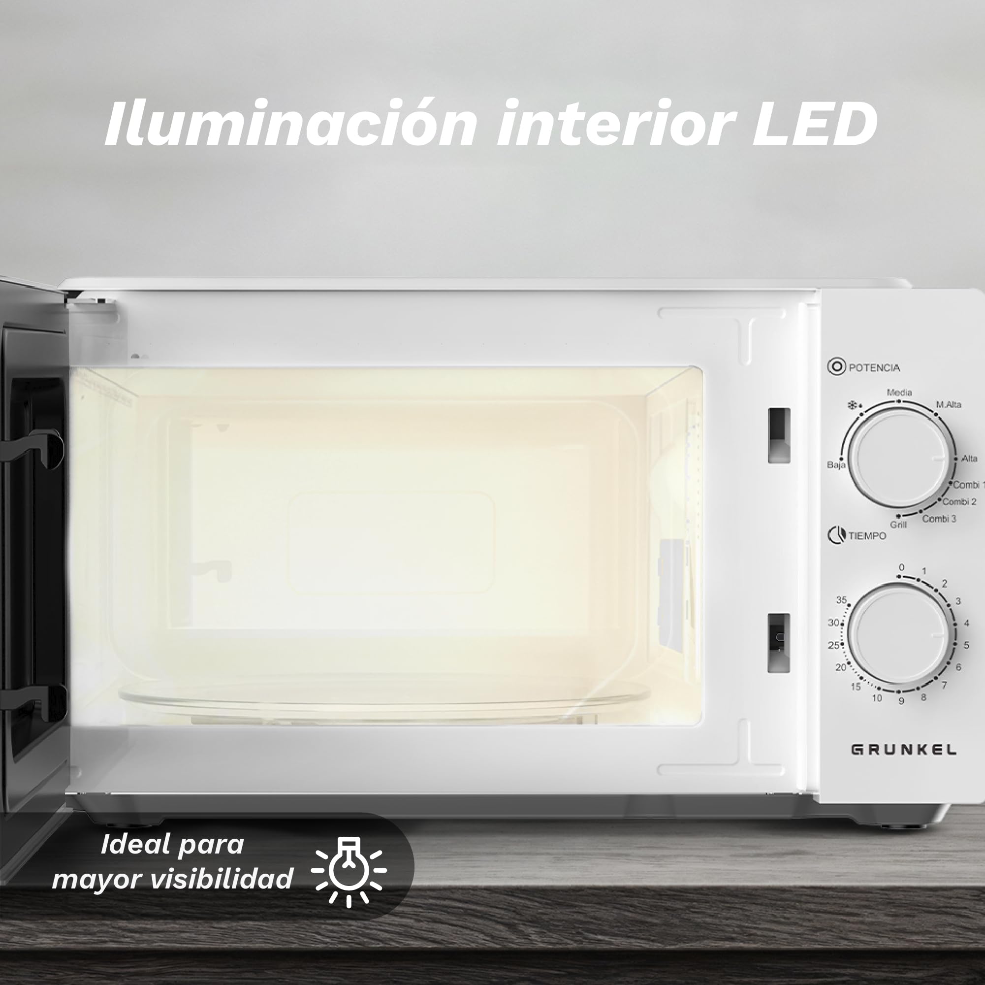 Kuchenka mikrofalowa z grillem, 20-25 litrów, 700 W + 900 W lub 850 W +1000 W, 5 poziomów mocy, 3 tryby kombinowane, timer 30 min (700-900 W 20 litrów)