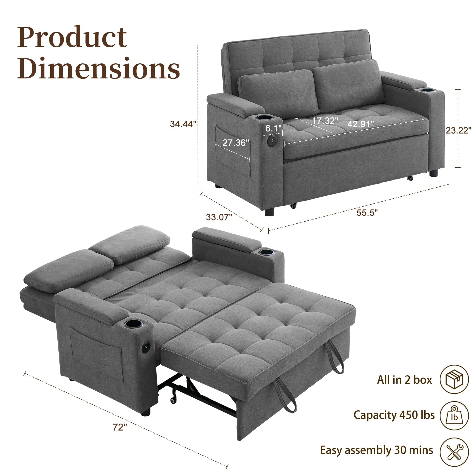 Korser 55.5'' 3-in-1 Convertible Sofa Bed, Pull Out Couch with 5-Position Adjustable Backrest, Loveseat Sleeper Sofa for Small Spaces, Sofa Couch with Cup Holders for Living Room, Office, Chenille