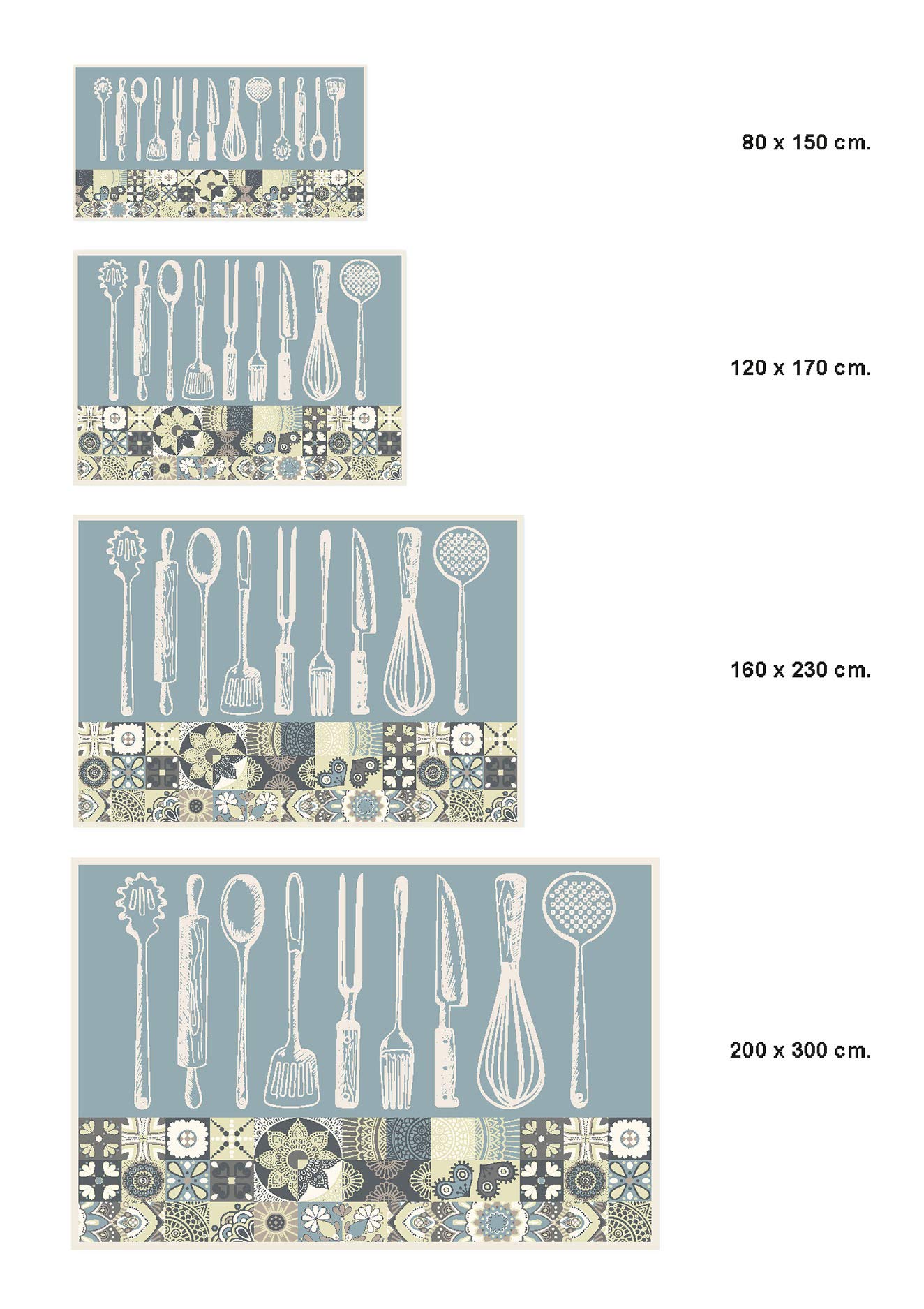 Panorama Tapis Vinyle - Modèle Cuisine Utensile Cuisine Bleu 100x140 cm - Différentes Tailles - Deco Maison, Cuisine, Chambre et Exterieur