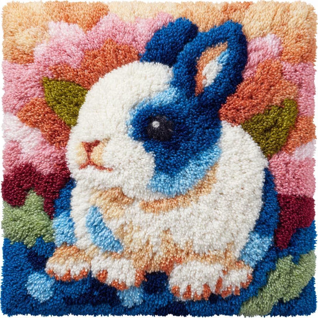 Taxpy Latch Hook Kits, Rabbits and Flowers Pillow Cover DIY Crochet Hook Cushion Rug Making Kits with Printed Pattern Canvas Needlework Hooking Adorment 43x43cm