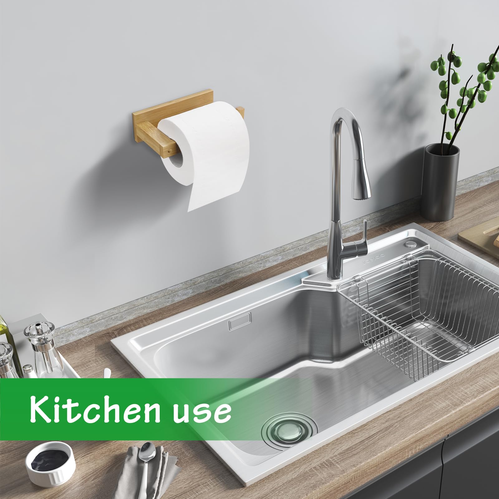 Soporte de papel higiénico de bambú para colgar en la pared, autoadhesivo o con tornillo, soporte para rollo de papel higiénico para baño y cocina 7