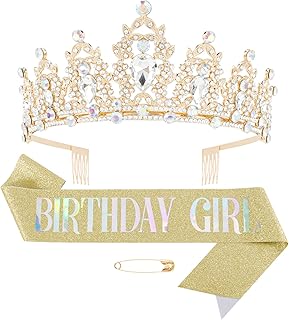 Gold Birthday Girl Sash & Crystal Crown Set, Didder Birthday Crown Birthday Tiara for Women Birthday Crowns for Women Girls Birthday Sash and Tiara for Women Happy Birthday Gift