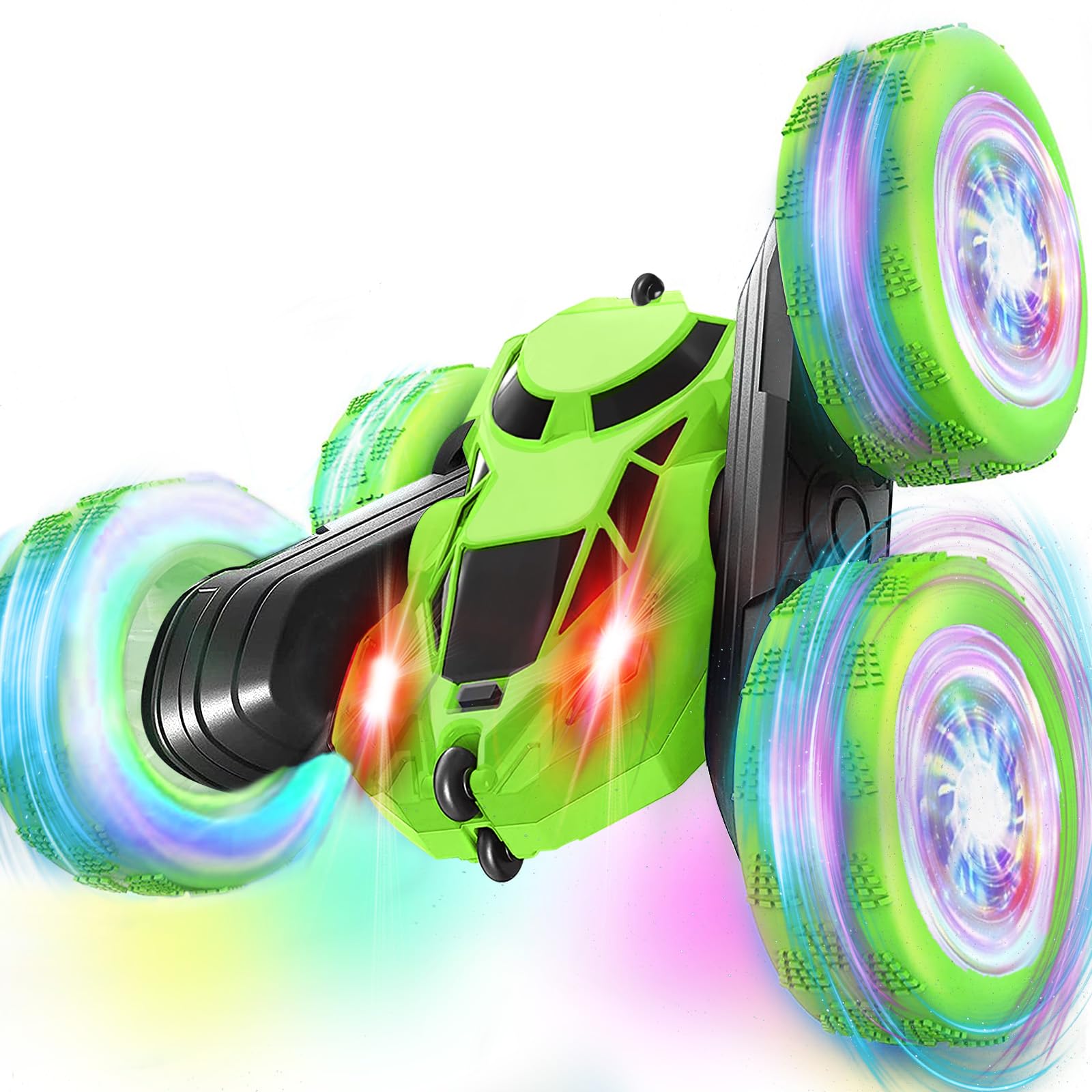 MidiVix Ferngesteuertes Auto, 90 Min Spielzeit, 2.4Ghz Doppelseitig 360° drehbarer RC Crawler mit Scheinwerfern Radlichtern, 4WD Off Road Drift RC Auto Spielzeug Geschenke für Jungen 6-12 Grün