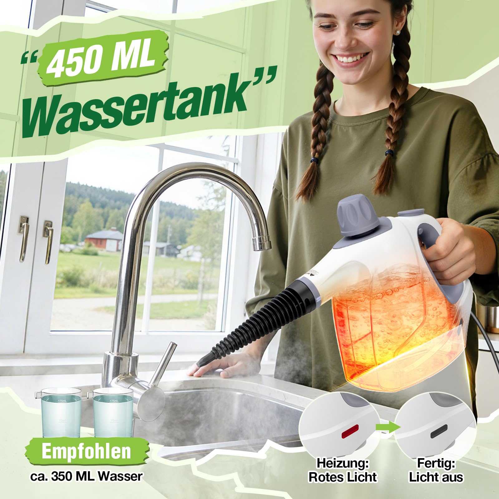 Vaporeta Limpieza Hogar, 1050W 110℃ 3,2Bar Alta Presión Vaporeta de Mano con 10 Accesorios, 100% sin Químicos, Grasa & Suciedad Steam Cleaner, Limpiador a Vapor Portátil para Cocina, Ventanas (Blanco)