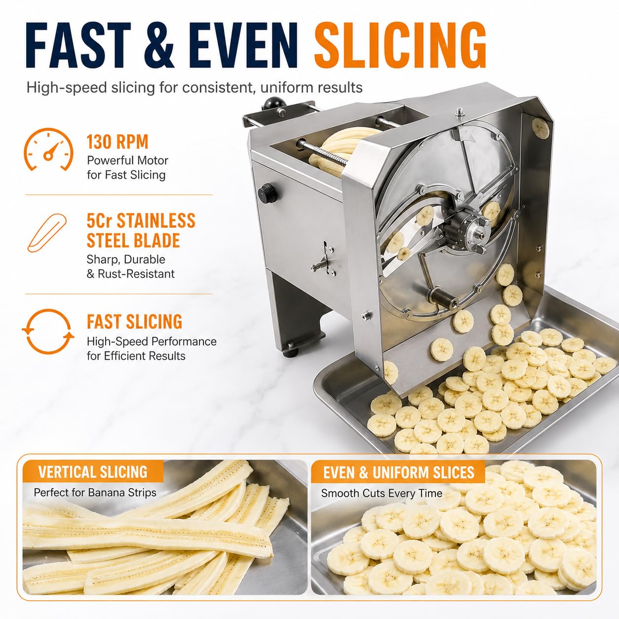Macchina dell'affettatrice della banana dell'acciaio inossidabile di 130 giri/min, spessore di 0-9 millimetri | Lame in acciaio 5Cr, taglio orizzontale o verticale, design scivolo e serrature di sicurezza per uso cucina