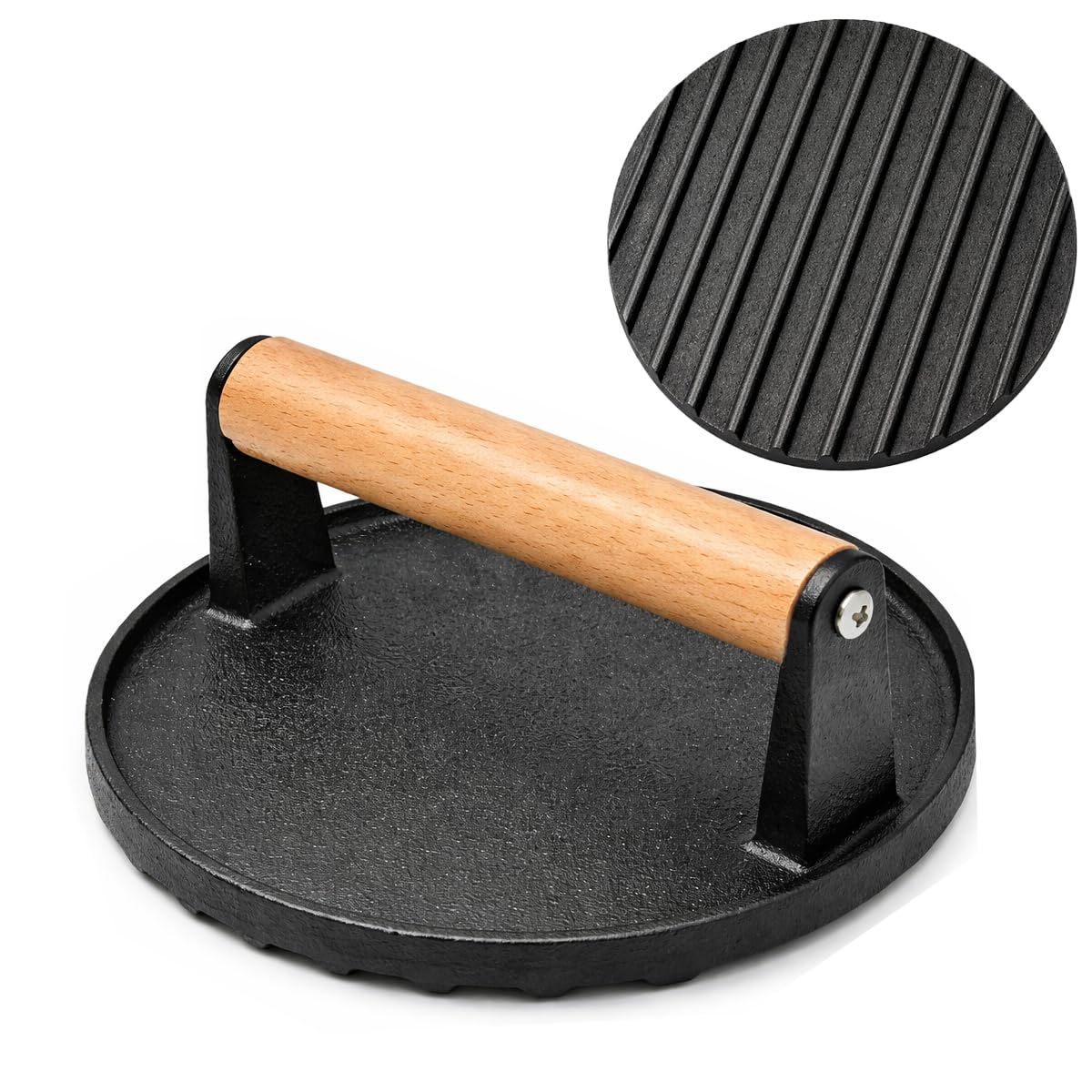 Otopone Burger Press,7 Inch Heavy Cast Iron Smash Burger Press with Wooden Handle, Round Burger Smasher for for Hamburger, Bacon, Meat, Steak, Patty, Sandwich and Grill, Griddle and Nonstick Pan