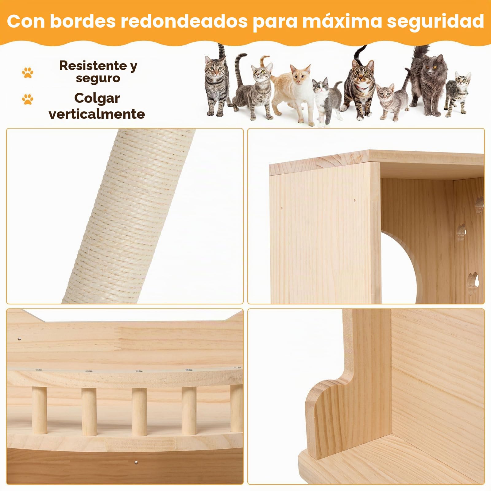 Juego de Pared de Escalada para Gatos - 5 Piezas, 3 Niveles, Escalera Con 2 Bolas de Peluche, Estable, Cama y Cueva