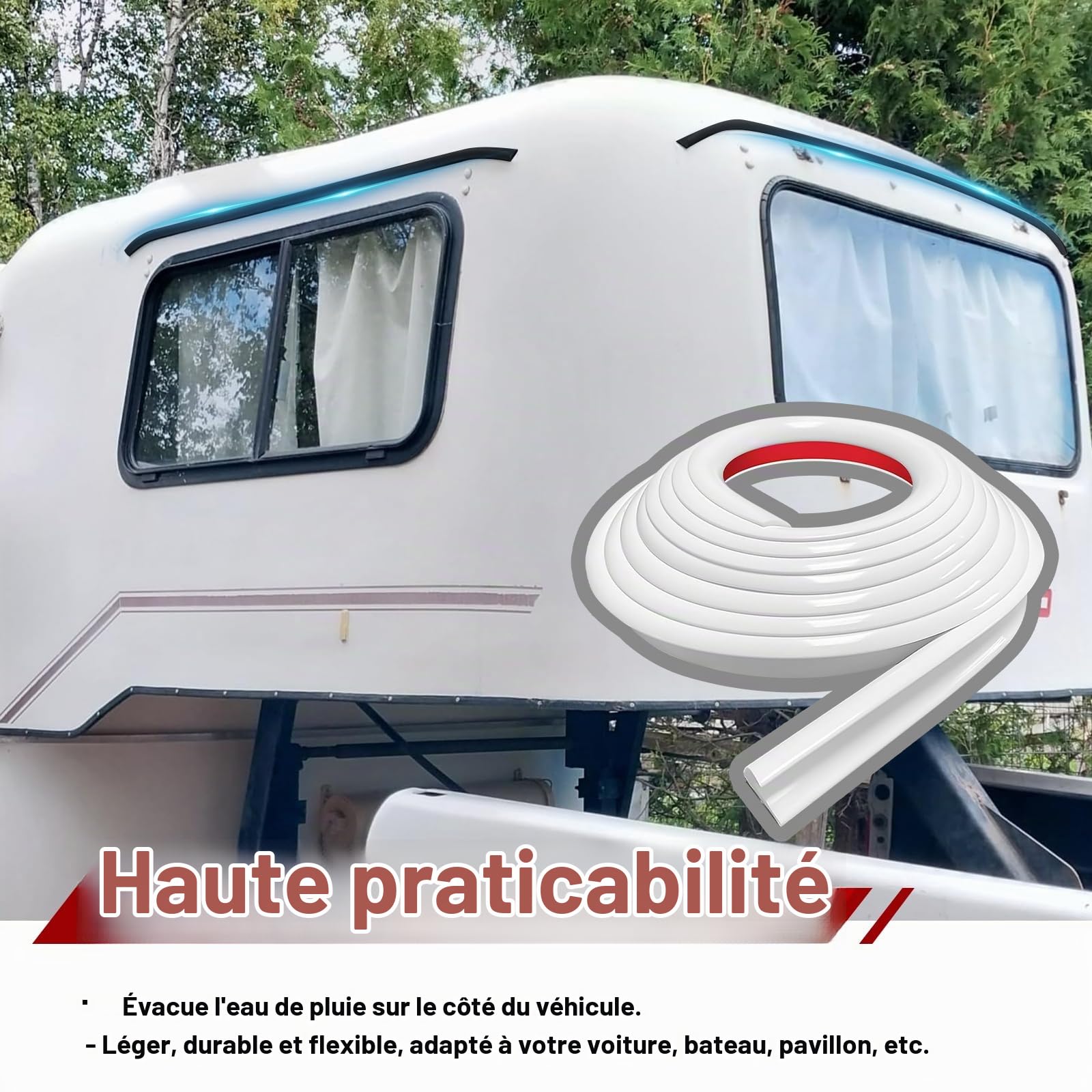 Gouttière Camping Car 10 Mètres de Bande de Caoutchouc Pour Gouttières Bande de Protection en PVC Déflecteur d'eau de pluie en forme de J - Autocollante Pour Portes et Gouttières - Blanc