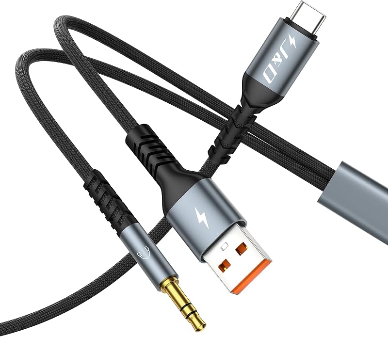 J&D USB C to 3.5 mm Car Aux Cable, 2 in 1 3.5 mm TRS Aux Headphone Jack Cable for Car with Charger Cord, Support PD 60W Charge, Compatible with a Wide Range of Mobile Phones, Grey, 4 ft