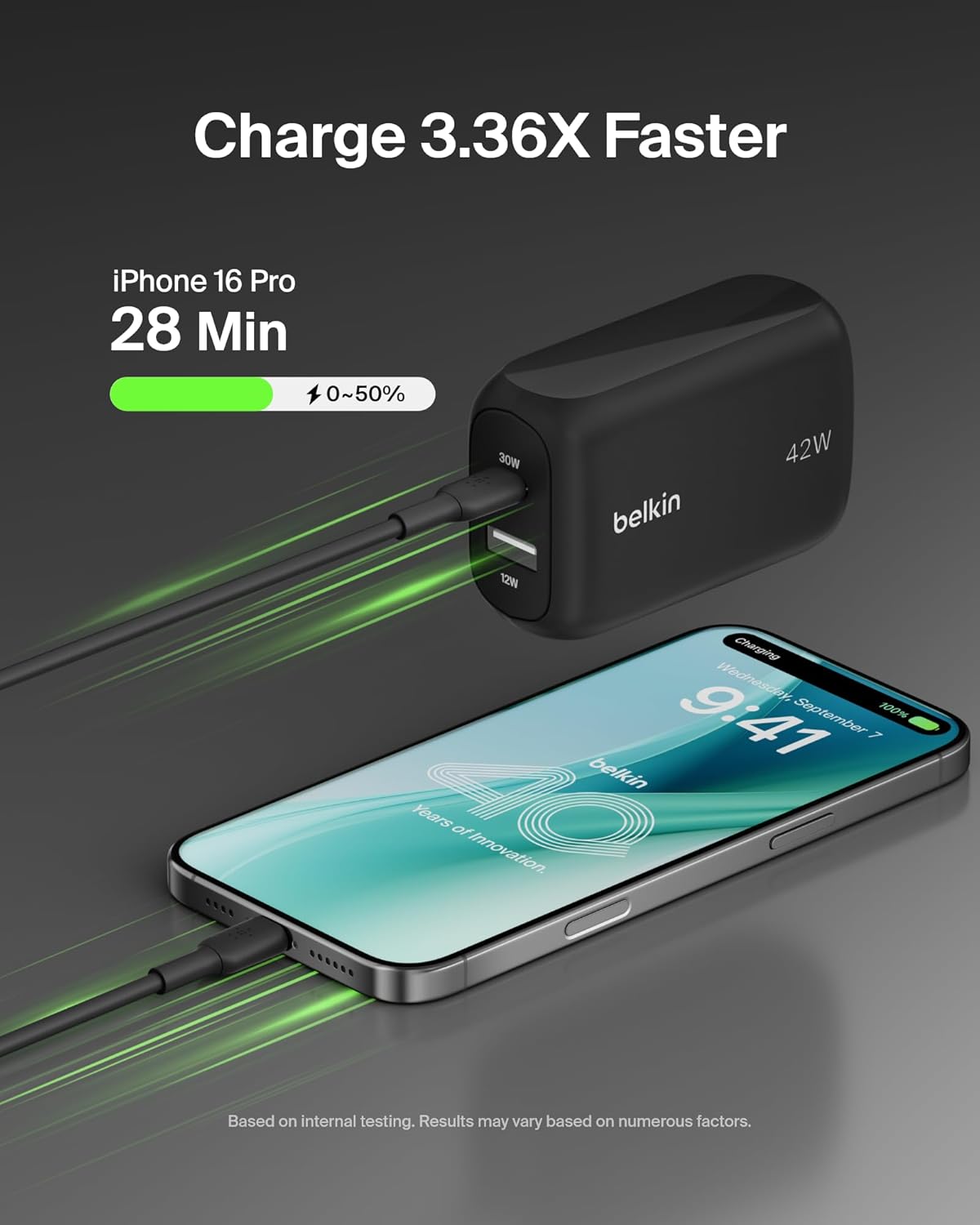 Belkin Dual Port Charger Block 42W, USB-C + USB-A Charger Super Fast Charging - Samsung Galaxy S25, Apple iPhone 17, Air, Pro, Pro Max, iPad, AirPods, Apple Watch, Nintendo Switch 2 & More - Black
