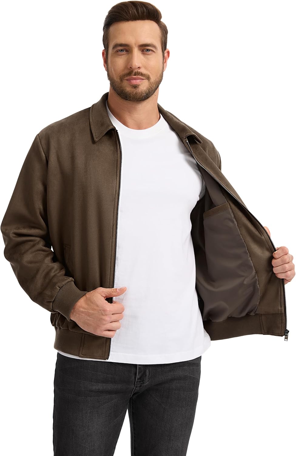Fahsyee Men's Faux Suede Bomber Jacket Casual Stylish Outwear, Lightweight Vintage Coat With Full Zipper S-XXL