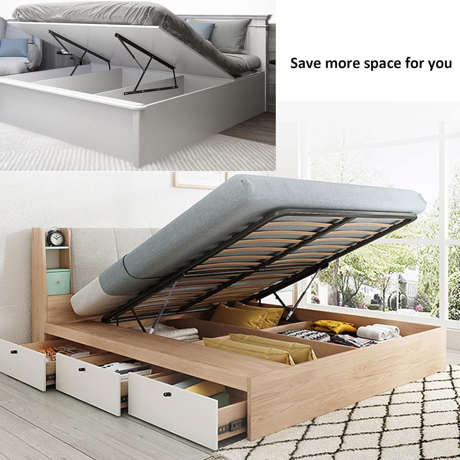 Mecanismo neumático de elevación de cama, kit de bisagra plegable hidráulica, barra de soporte de caja de almacenamiento, accesorios de hardware para muebles para una gestión eficiente del espacio