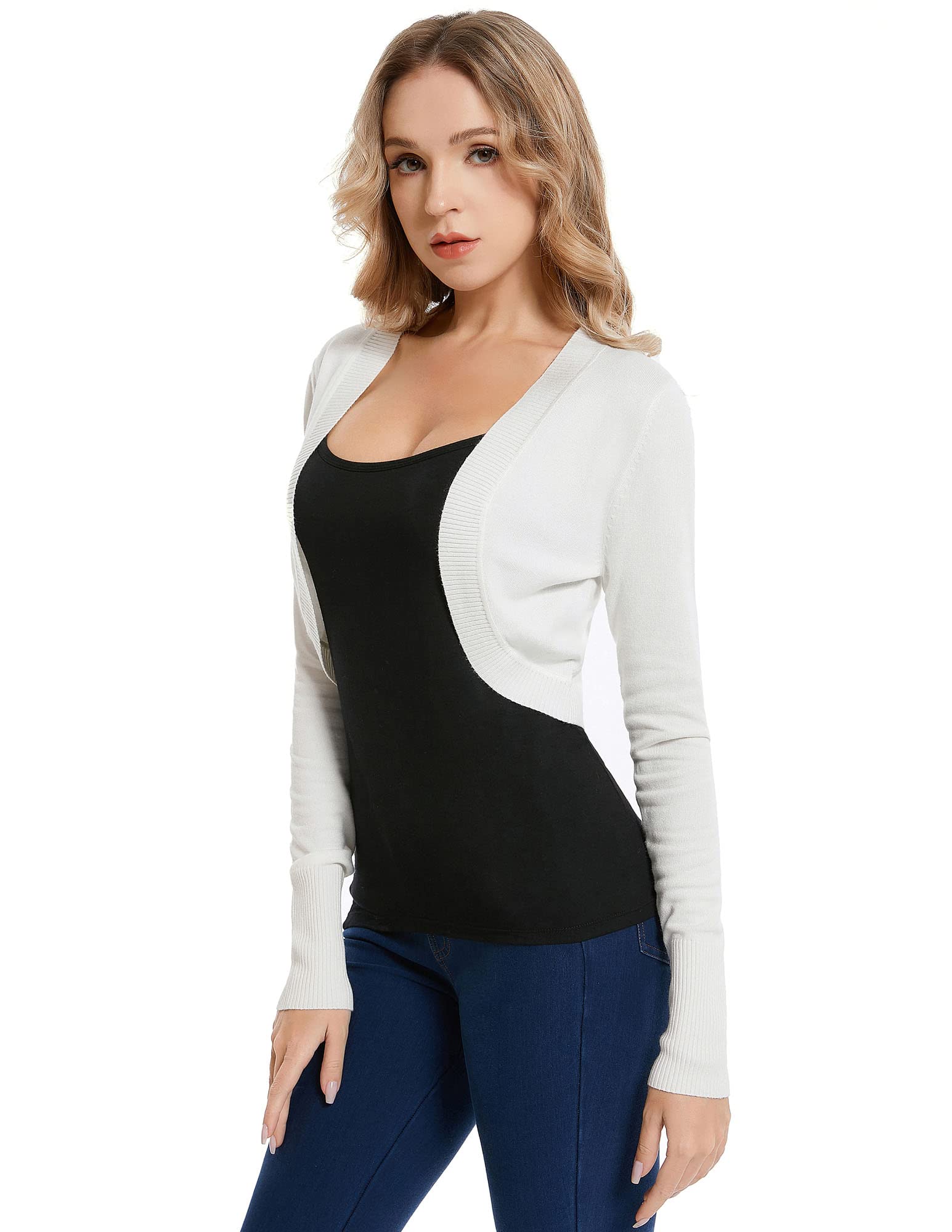 AmélieBoutik Women Long Sleeve Light Knit Bolero Shrug Cardigan, Ivory White, XL