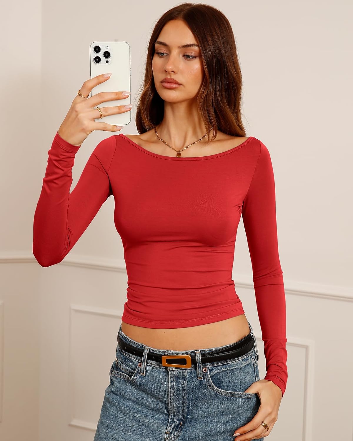 Women's Dressy Casual Boat Neck Tops Long Sleeve T Shirts Fall Basic Tops Slim Fit - Image 4